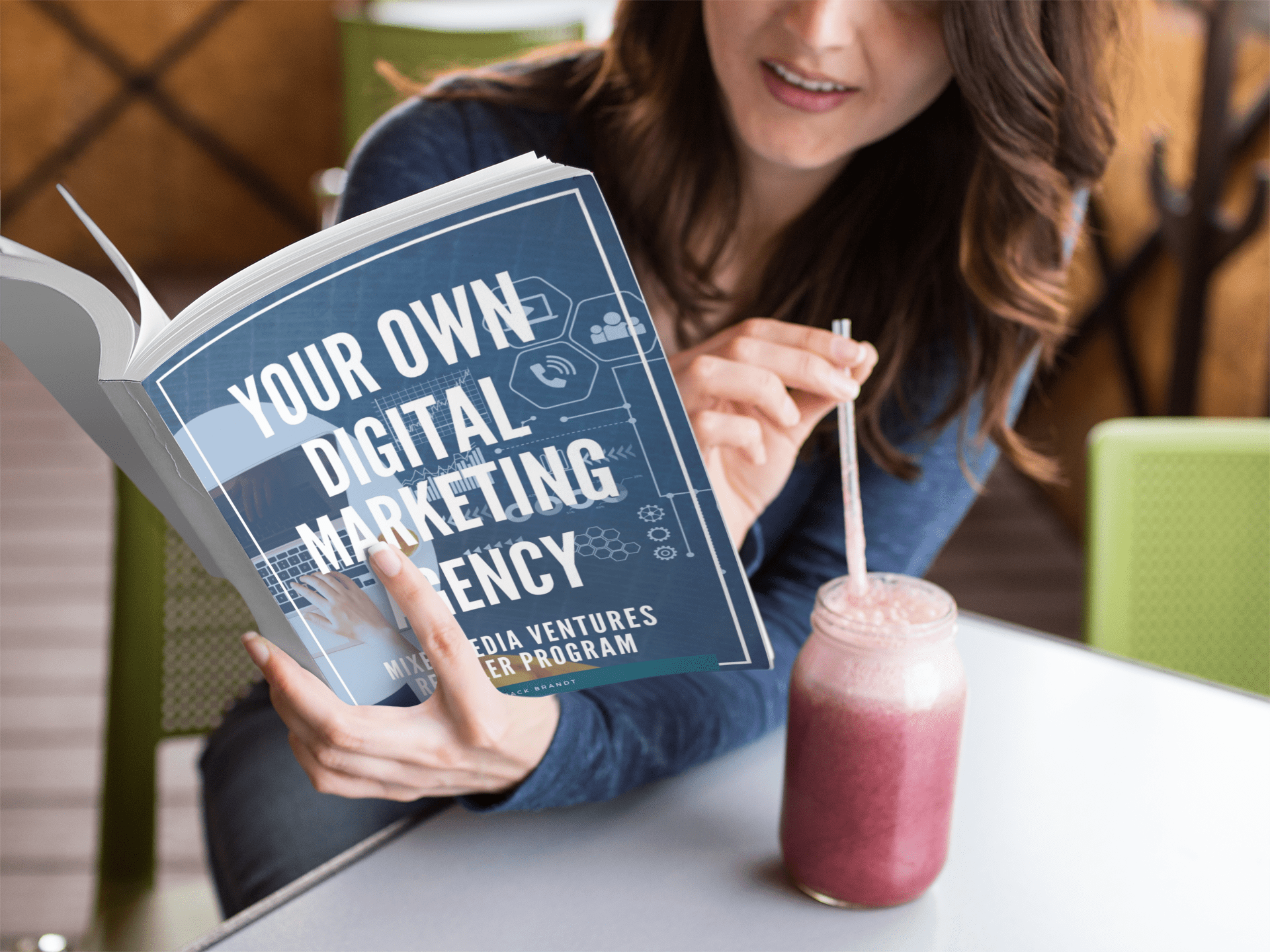 Mixed Media Ventures a Business Growth Digital Marketing Agency - woman reading a book while drinking a strawberry smoothie template a14433