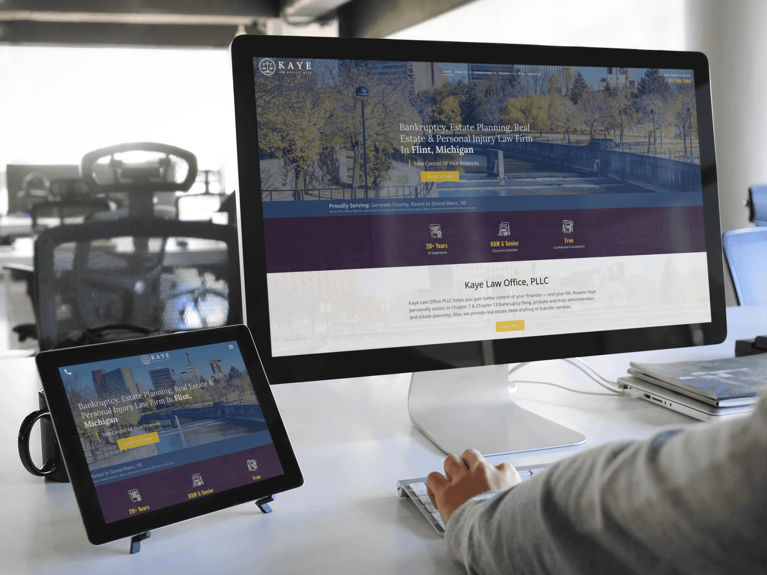 Kaye Law Office website shown on a desktop monitor and tablet