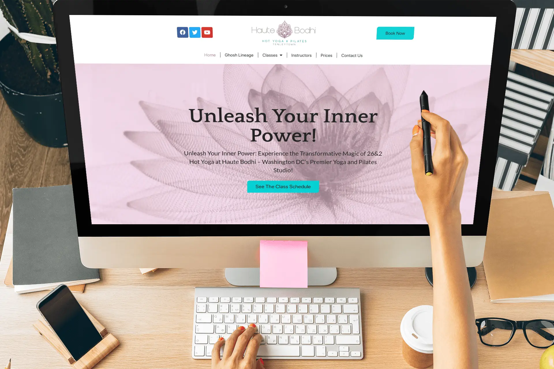 Haute Bodhi yoga and pilates website displayed on a desktop monitor