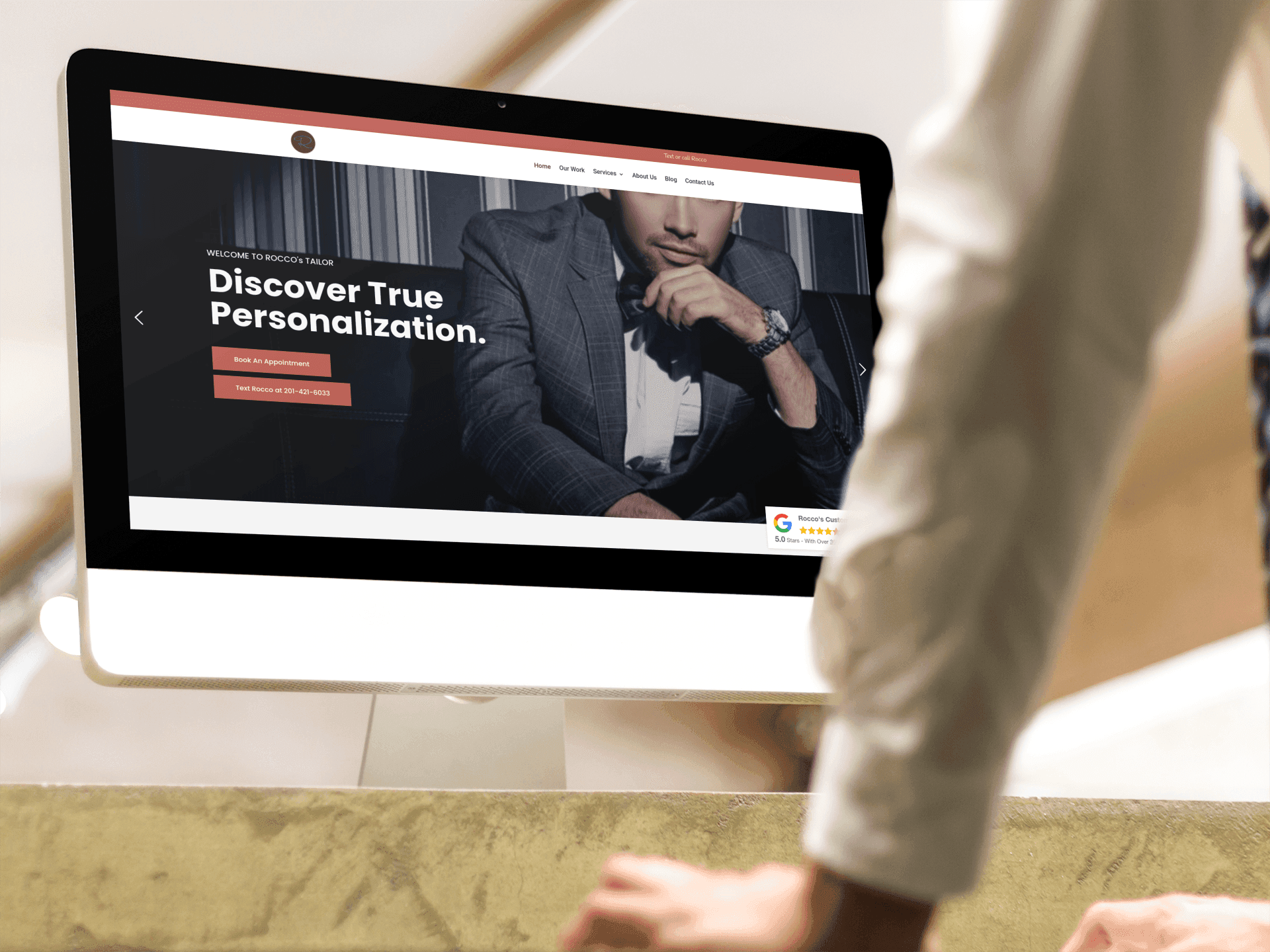 Rococo’s Tailor personalized suit website displayed on a desktop monitor